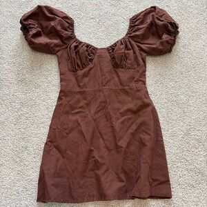 Peppermayo Mini Dress Womens 4 Brown Puff Sleeve Peasant Coquette Linen Milkmaid
